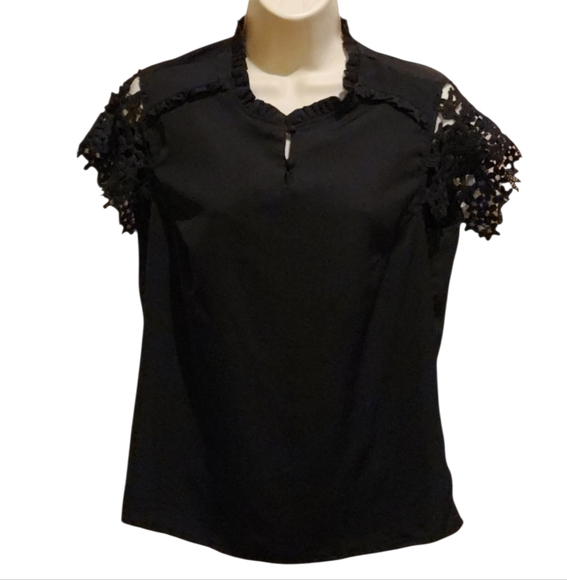 Shun Bo Women's Elegant Black Floral Lace Cap Shortsleeve Blouse Top T-Shirt - Picture 1 of 8